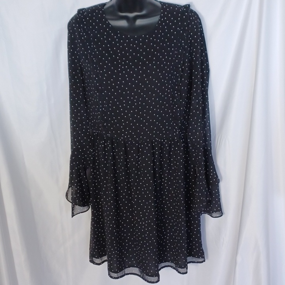 Leyden Black White Polka Dot Long Sleeve dress, bell sleeves, lined, ruffles